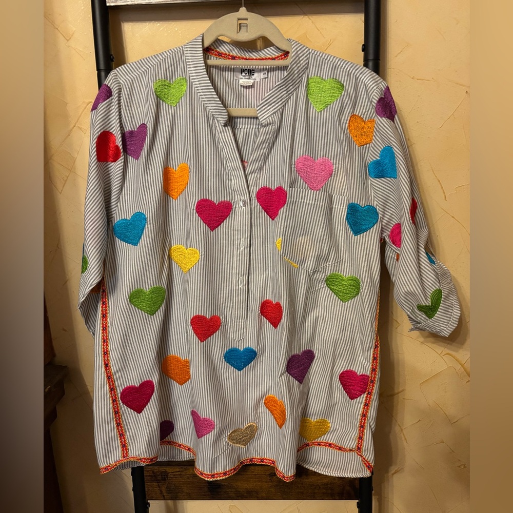 Pong Poco Heart Embroidered Tunic Shirt Size S